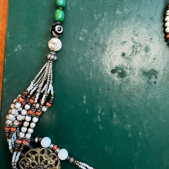 Multicolor Conch Beaded Necklace with Ornate Gold and Tibetan Silver Accents - Picture 3 of 8